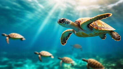 Several sea turtles swim peacefully in crystal-clear ocean waters, illuminated by sunbeams, showcasing marine life in a serene underwater scene.