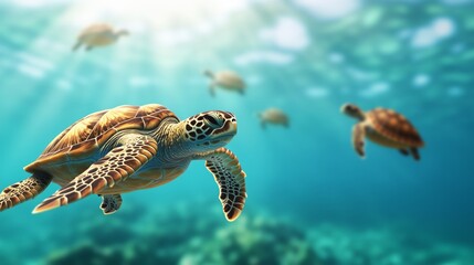 Several sea turtles swim peacefully in crystal-clear ocean waters, illuminated by sunbeams, showcasing marine life in a serene underwater scene.