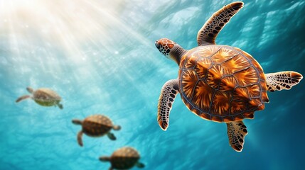 Several sea turtles swim peacefully in crystal-clear ocean waters, illuminated by sunbeams, showcasing marine life in a serene underwater scene.