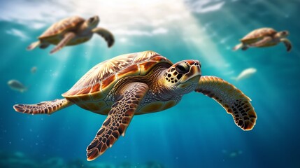 Several sea turtles swim peacefully in crystal-clear ocean waters, illuminated by sunbeams, showcasing marine life in a serene underwater scene.