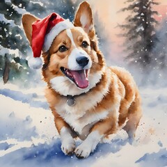 happy Santa corgi playing in the snow. AI Generative