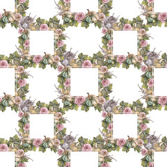 Seamless pattern with square frame with autumn bouquet leaves and pumpkin. Watercolor hand-drawn rose and branch on white background with copy space. Foliage and moon. Halloween wallpaper or wrapping