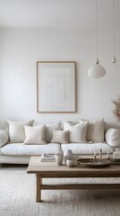 Minimalist Living Room with White Couch, Wooden Coffee Table, and Abstract Artwork