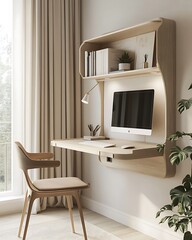 Small Home Office with Wall-Mounted Desk, Integrated Storage, and Minimalist Design