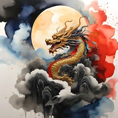 majestic dragon on top of mountain, with a large, glowing moon in the background. Generative AI.