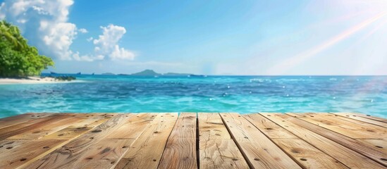 Fototapeta premium Empty Wood Or Table Top With Blur Island On Blue Sea Holiday Or Summer Background Suitable Use For Montage Or Made Your Marketing Product
