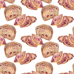 Seamless pattern with watercolor loaf of fresh crispy homemade bread with red berries on white background. Whole grain bun for healthy breakfast. Food for cookbook or kitchen. Wallpaper or wrapping