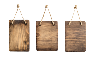 Set of realistic rustic wooden signs with rope hangers, isolated cliparts on transparent background