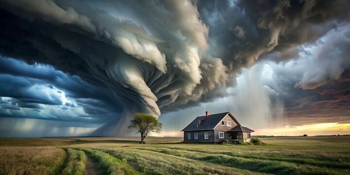 Dramatic scene of a tornado approaching a house in a field with a tree in the foreground