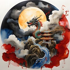 majestic dragon on top of mountain, with a large, glowing moon in the background. Generative AI.