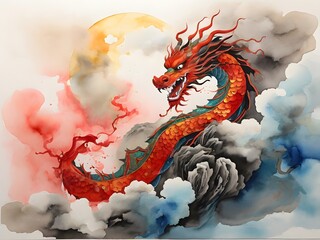 majestic dragon on top of mountain, with a large, glowing moon in the background. Generative AI.