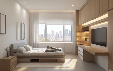 Fototapeta premium Multifunctional Space with Murphy Bed, Built-In Storage, and Foldable Desk