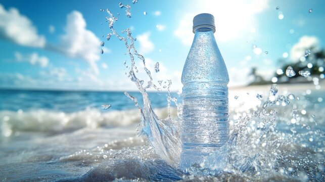 A refreshing image of a water bottle with a splash of the drink against a serene beach scene. The splash is depicted in a way that captures the coolness and freshness of the drink. The bottle is