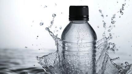 A sleek and modern image of a water bottle with a splash of the drink against a clean, minimalist design. The splash is depicted in a way that captures the purity and freshness of the drink. The