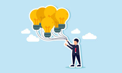 A businessman holding a floating lamp balloon by a string, illustration of Recording numerous emerging business concept ideas