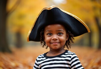 Halloween Black African American Girl in Pirate Costume with Autumn Leaves