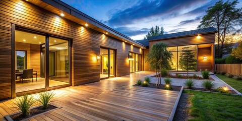 home, yellow lights, tranquil, design,evening, pathway, Evening illumination in the courtyard of a modern wooden house with warm yellow lights glowing from windows and along the pathway