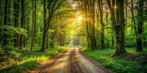 Fototapeta premium tranquil, serene, countryside, scenery, dirt road, peaceful, exploration, soft sunset light, Dirt road cutting through a lush green forest illuminated by the warm evening sunlight