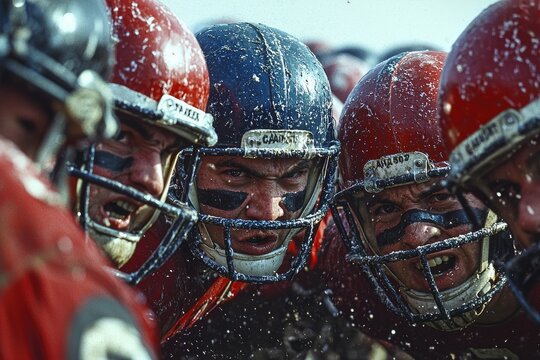 Intense Moment in American Football, Players Ready to Tackle in Championship Game