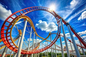 A high angle shot of a roller coaster track set against a vivid blue sky, roller coaster, adrenaline, adventure, curves, structure, exhilarating, twist, blue sky, sky, loop, top view