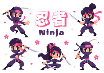 Translation : Ninja Vector Illustration featuring a Ninja Shinobi Character from Japan in a Flat Cute Style Cartoon Background