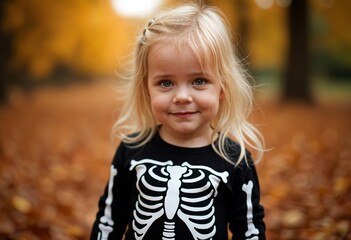 Fototapeta premium Halloween Fun Blonde Girl in Skeleton Costume with Autumn Leaves