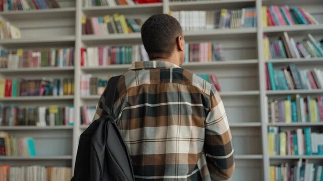 Back view man guy student going library bookstore study education university college male learn backpack literature highschool reader bookworm bookshelves research campus searching knowledge scholar