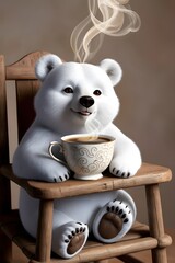 smiling polar bear sitting in a wooden high chair, holding a cup of coffee. Generative AI.