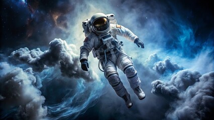 Fototapeta premium A dramatic stock photo featuring an astronaut floating in space with smoke behind him and a black background