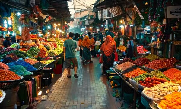 A bustling market in a foreign city, its stalls overflowing with colorful goods and the air filled with the sounds of bargaining. Video
