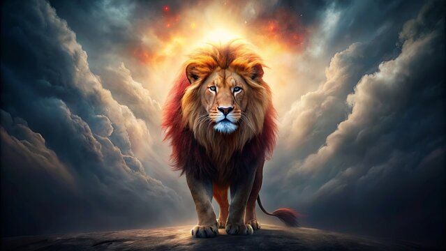A fierce lion with a red mane emitting light from its eyes, standing in front of a dark cloud