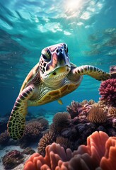 Obraz premium Sea turtle swims in coral reef