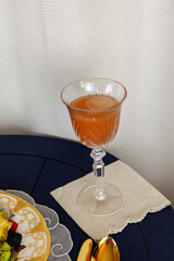 Grapefruit juice mimosa in a crystal glass