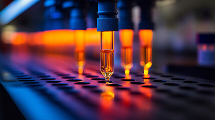 pharmaceutical vials filled with liquid, highlighting precision and meticulous organization in a clinical setting, symbolizing healthcare and scientific accuracy