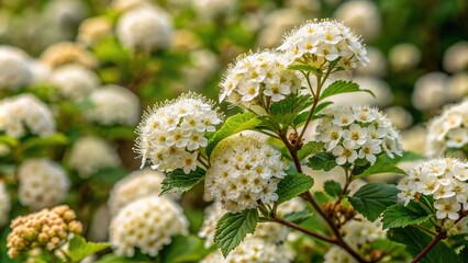 Ninebark bush covered in white blossoms in spring, vibrant, flora, fresh, beauty, delicate, bloom, outdoor, garden, serene, spring, shrub, bush, plant, blossoms, white, foliage, nature