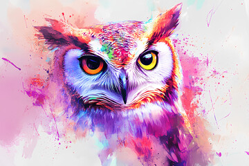 A vibrant, colorful, and abstract portrait of an owl with large, striking eyes.