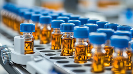 pharmaceutical vials filled with liquid, highlighting precision and meticulous organization in a clinical setting, symbolizing healthcare and scientific accuracy
