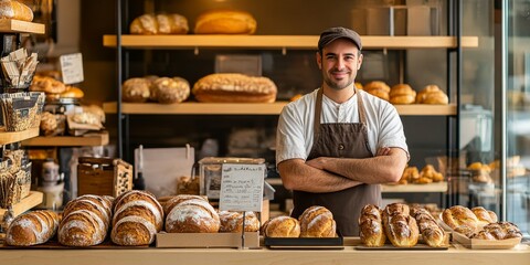 Warm Inviting Bakery with the Owner Proudly Displaying Fresh Bread and Pastries