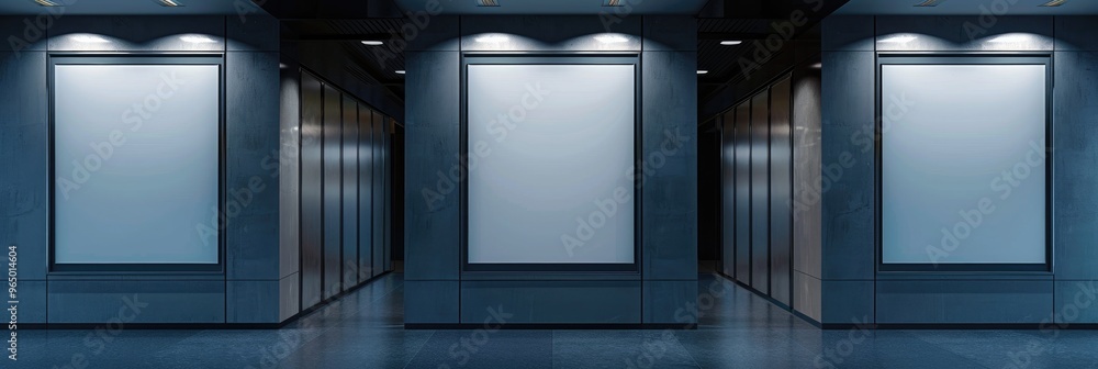 Poster three blank billboards of different sizes illuminated in a corridor, providing empty space for the p