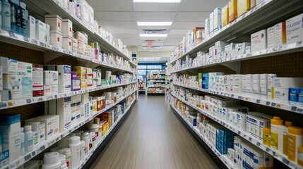 Fototapeta premium Well-Organized Drugstore Aisle with Neatly Arranged Over-the-Counter Medications
