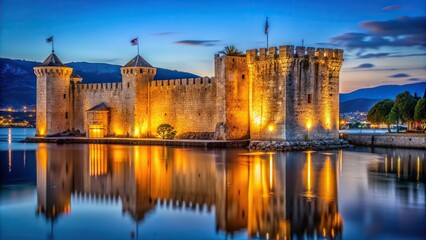 historical, Medieval Castle of Kamerlengo in Trogir illuminated in the night offering a mesmerizing view of the fortress its towering walls and majestic architecture
