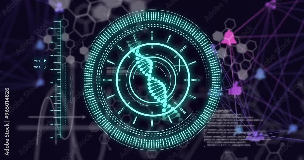 Wall mural animation of scientific data processing over scope with dna strand