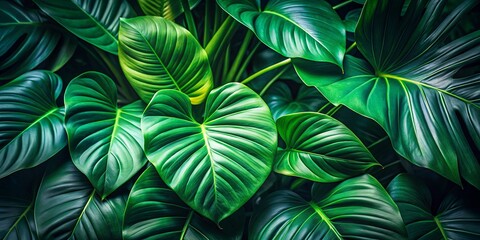 Close-up shot of lush tropical green leaves against a dark background in a garden setting