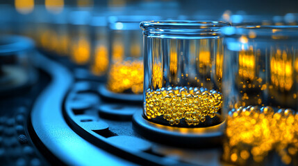 pharmaceutical vials filled with liquid, highlighting precision and meticulous organization in a clinical setting, symbolizing healthcare and scientific accuracy