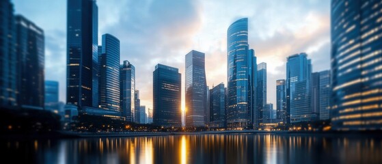 Stunning skyline at dusk with modern skyscrapers reflecting on serene water, showcasing urban beauty and architectural elegance.