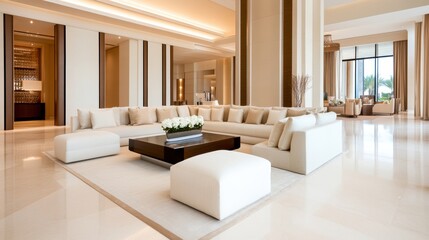 Fototapeta premium Modern and elegant living room with bright decor, cozy sofa, and stylish furnishings creating a relaxing atmosphere.