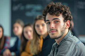 young man listens to presentation during a meeting in office setting