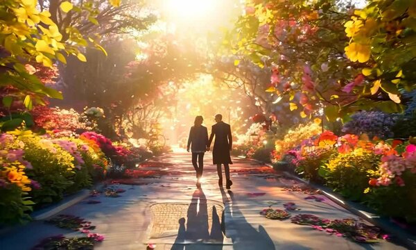 A couple enjoying a romantic evening stroll through a beautifully illuminated botanical garden, surrounded by fragrant flowers. Video