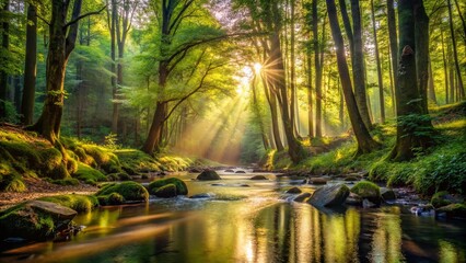 Fototapeta premium A serene forest stream with sunlight filtering through the trees
