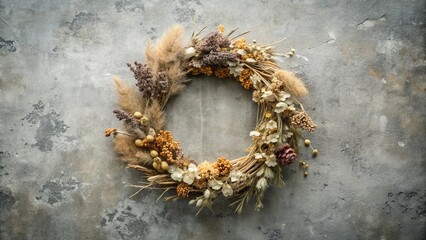Fototapeta premium Dry floral wreath on gray concrete surface, rustic decoration, nature-inspired, minimalist design, home decor, textured background